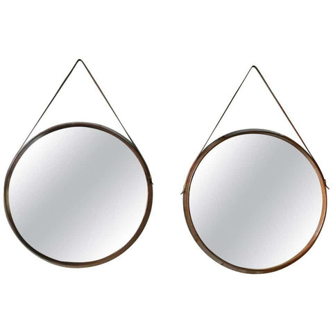 Pair of Mid-Century Teak Wall Round Mirrors. 1960s