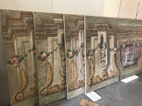 A rare set of 4 Italian 18th century panels, gouache on canvas