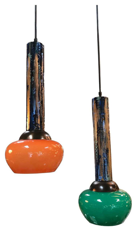 Pair of Esperia Pendants Cold -Painted in Orange and Green, Italy 1970s