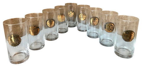 Fornasetti Mid Century Brass Zodiacal Characters S/8 Glasses , Italy 1960s