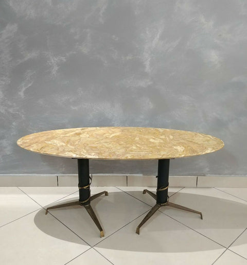 Mid-Century Modern Italian Yellow Marble and Brass Oval Coffee Table 1950