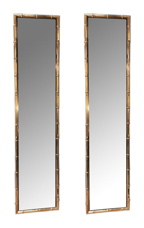 Large Pair of Rectangular Faux Bamboo Brass Mirrors , Italy 1960s