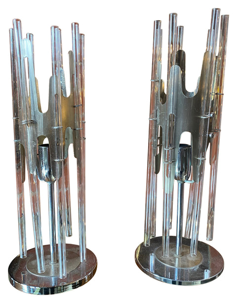 Sciolari Pair of Modern Cylindrical Glass and Chrome Table Lamps, Italy 1970s