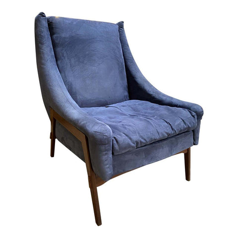 Italian Mid-Century Modern Armchairs Blue Wood Velvet Gio Ponti Style 1960s