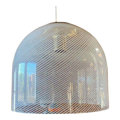 Italian White Stripe Murano Glass Globe Pendant Chandelier By Mazzega 1970s