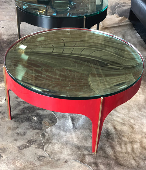 Ma 39's Custom Red and Brass Magnifying Lens Coffee Table