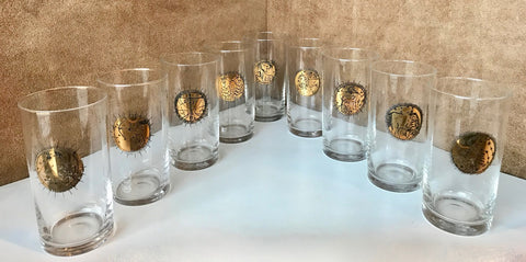 Fornasetti Mid Century Brass Zodiacal Characters S/8 Glasses , Italy 1960s