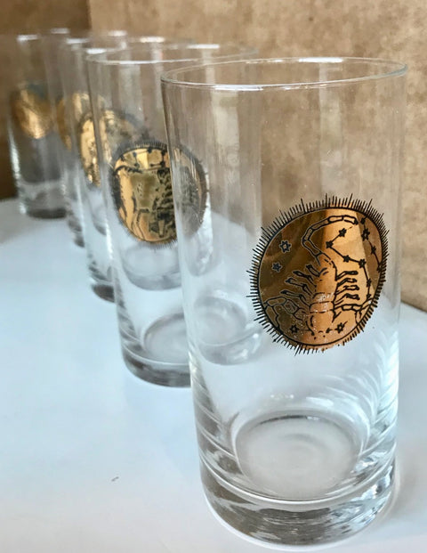 Fornasetti Mid Century Brass Zodiacal Characters S/8 Glasses , Italy 1960s