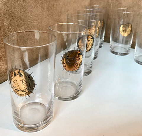 Fornasetti Mid Century Brass Zodiacal Characters S/8 Glasses , Italy 1960s