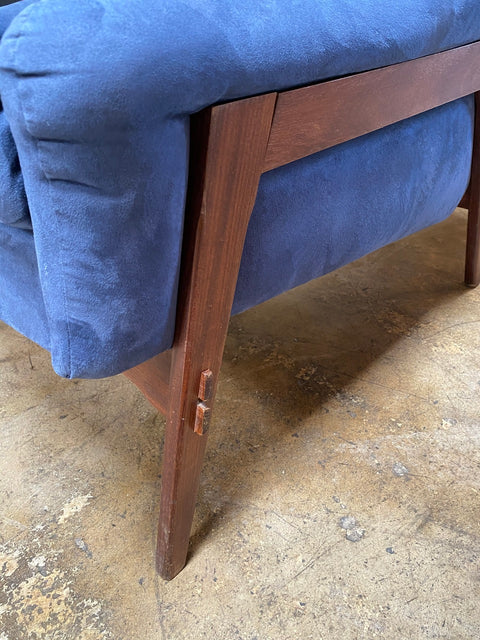 Italian Mid-Century Modern Armchairs Blue Wood Velvet Gio Ponti Style 1960s