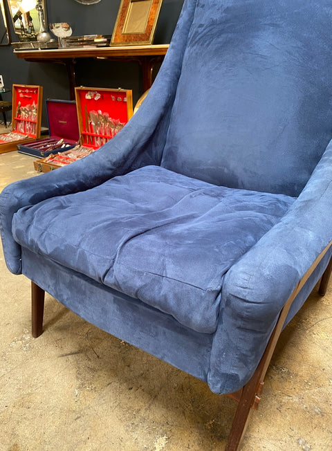 Italian Mid-Century Modern Armchairs Blue Wood Velvet Gio Ponti Style 1960s