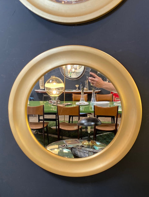Pair of Sergio Mazza Round Mirrors Golden Aluminum Italian Design 1960s Satin