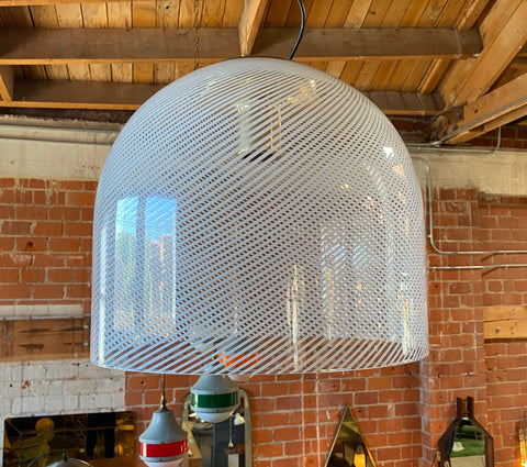 Italian White Stripe Murano Glass Globe Pendant Chandelier By Mazzega 1970s