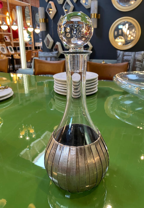 Vintage Transparent Glass and Silver Round Base Decanter, Italy 1940s