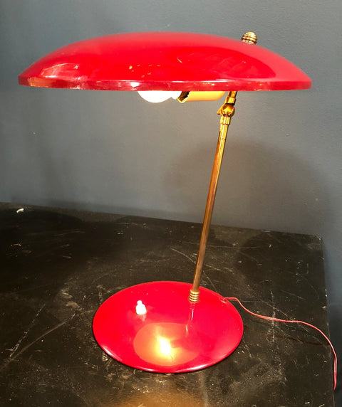 Italian Sculptural Table Lamp in Brass and Red Enameled Metal, 1950s