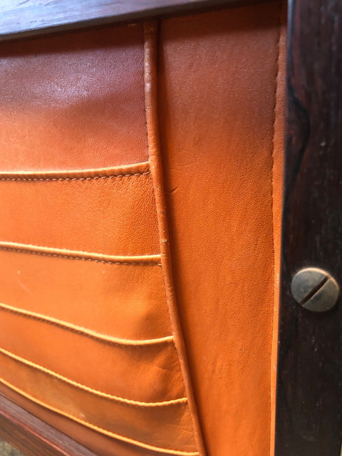 Italian Modern Rosewood and Orange Leather Magazine Rack