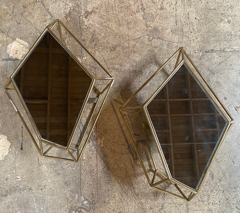 Pair of Two Italian Rhomboidal sculptural brass and Mirror Wall Sconces 1970s