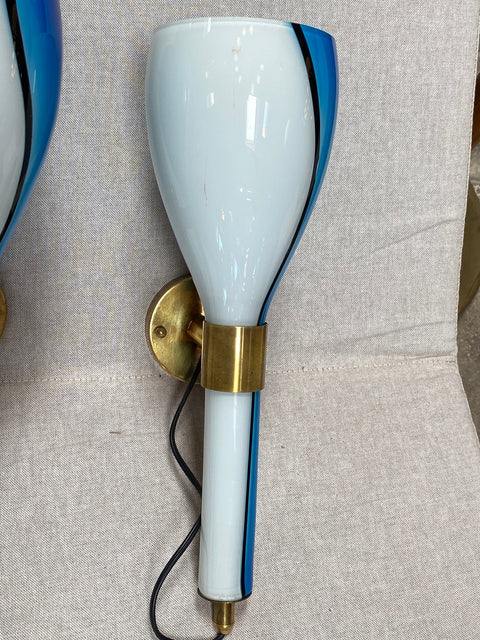 Pair of Hand Blown Venini Sconces with Brass Mounts 1950s