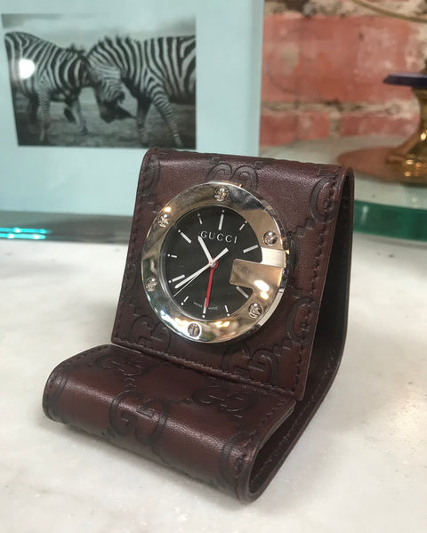 GUCCI LIMITED EDITION BROWN TRAVEL DESK ALARM CLOCK/WATCH. Italy 1980s