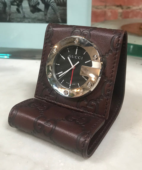 GUCCI LIMITED EDITION BROWN TRAVEL DESK ALARM CLOCK/WATCH. Italy 1980s