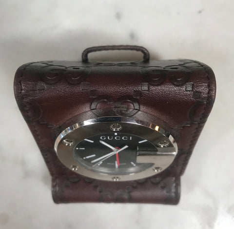 GUCCI LIMITED EDITION BROWN TRAVEL DESK ALARM CLOCK/WATCH. Italy 1980s