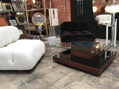 Osvaldo Borsani Square Coffee Table in Leather and Mirror. Italy, 1970s