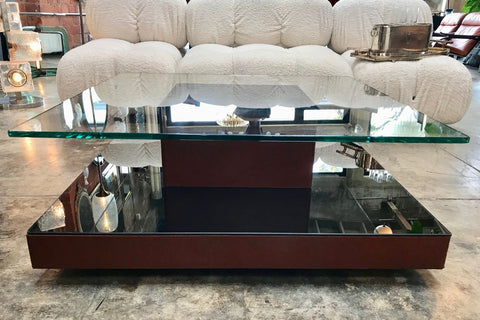 Osvaldo Borsani Square Coffee Table in Leather and Mirror. Italy, 1970s