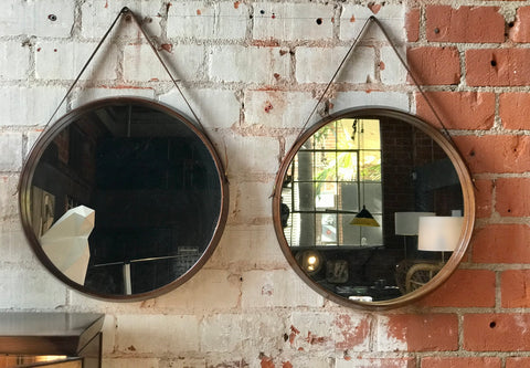 Pair of Mid-Century Teak Wall Round Mirrors. 1960s