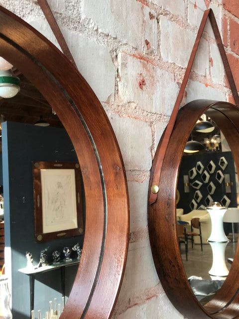 Pair of Mid-Century Teak Wall Round Mirrors. 1960s