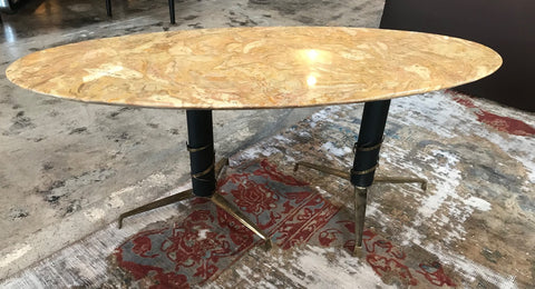 Mid-Century Modern Italian Yellow Marble and Brass Oval Coffee Table 1950