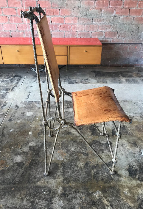 Iron &amp;  Leather Brutalist Dining Chair,  Attributed to Ilana Goor.