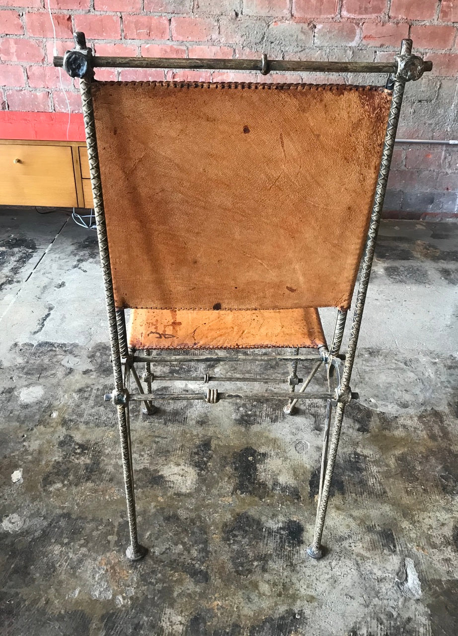 Iron &  Leather Brutalist Dining Chair,  Attributed to Ilana Goor.