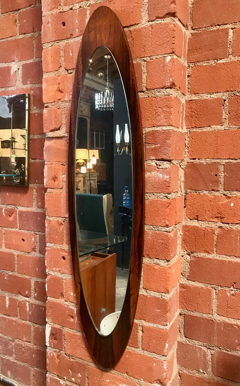 Italian Modern Wall Mirror Oval Teak Frame, 1950s
