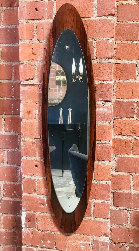 Italian Modern Wall Mirror Oval Teak Frame, 1950s