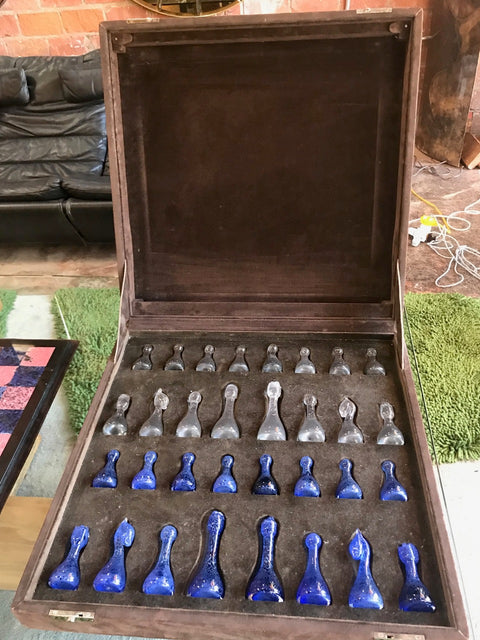 Blu Marble and Art Glass Chess Game Set, Italy ca. 1970s