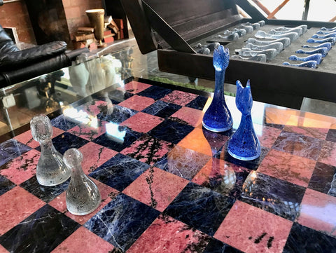 Blu Marble and Art Glass Chess Game Set, Italy ca. 1970s